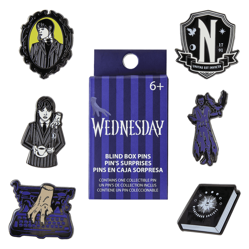 Image of our Wednesday Addams mystery box pins surrounding the box they each come in 